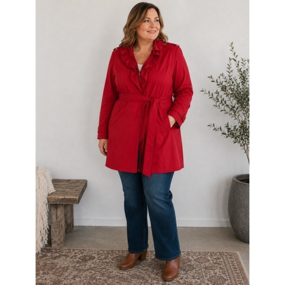 ELLE Red Ruffle Front Trench Jacket Belted XL Cotton Blend Chic Coat
